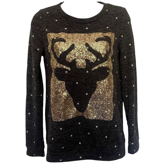 12PM By Mon Ami Womens Top Sz S Polka Dot Reindeer Sequin Holiday Glam Christmas - Picture 1 of 15
